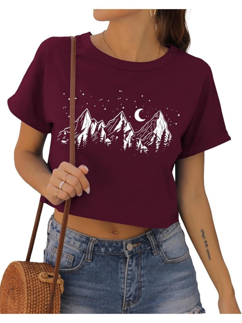 〽️Women's Deep Red Highlands Short Sleeve Round Neck Loose Fit Summer Crop Tops